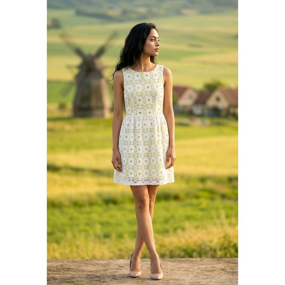 🍑Vintage Glamour Lime Green & White Lace Sleeveless Dress Size 10